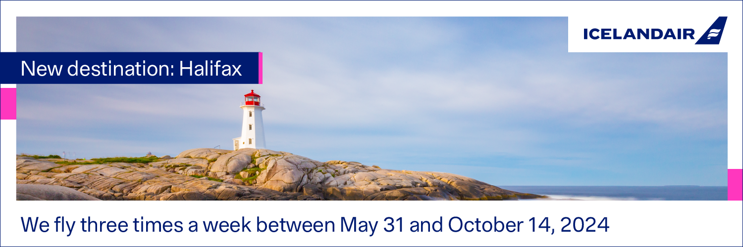 A banner showing an image of Halifax with text that says that it's a new destination for Icelandair and we fly there three times a week between May 31 and October 14, 2024