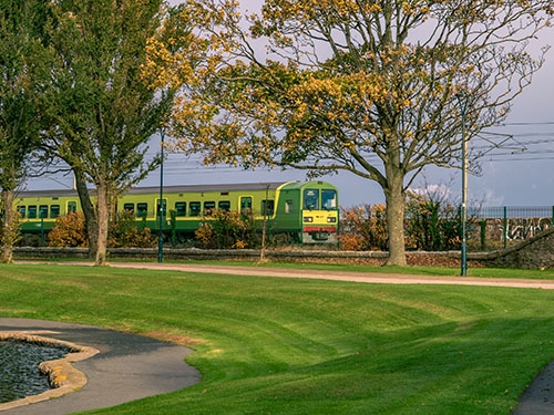 A green train stops at Blackrock station. A green lawn and trees in autumn mode in the foreground