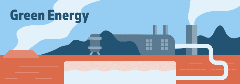 A gif graphic of a power plant creating energy from geothermal sources. Text overlay reads 'Green Energy'