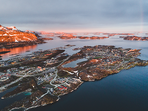 A birds eye view of the city of Nuuk pictured at sunset