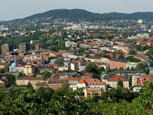 An overhead view of the city of Oslo in Norway, with red brick buildings and lots of greenery 