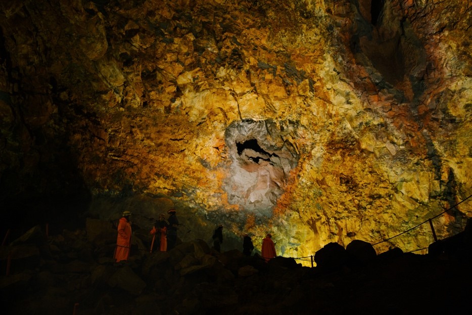 Thrihnukagigur volcano, the location that inspired the locations for Disney's Frozen, seen here lit up from the ground