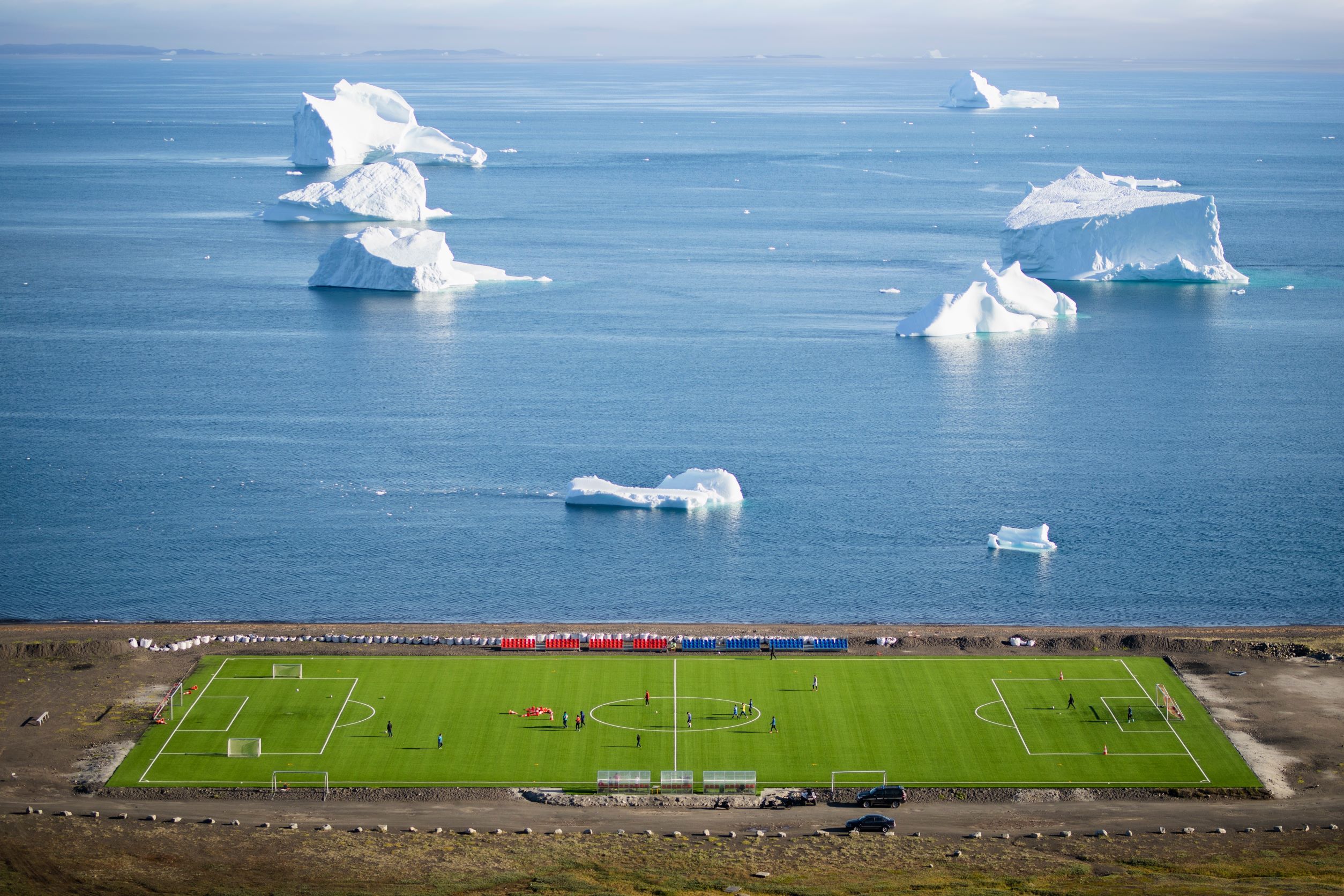 an aerial view of the football field at Qeqertarsuaq