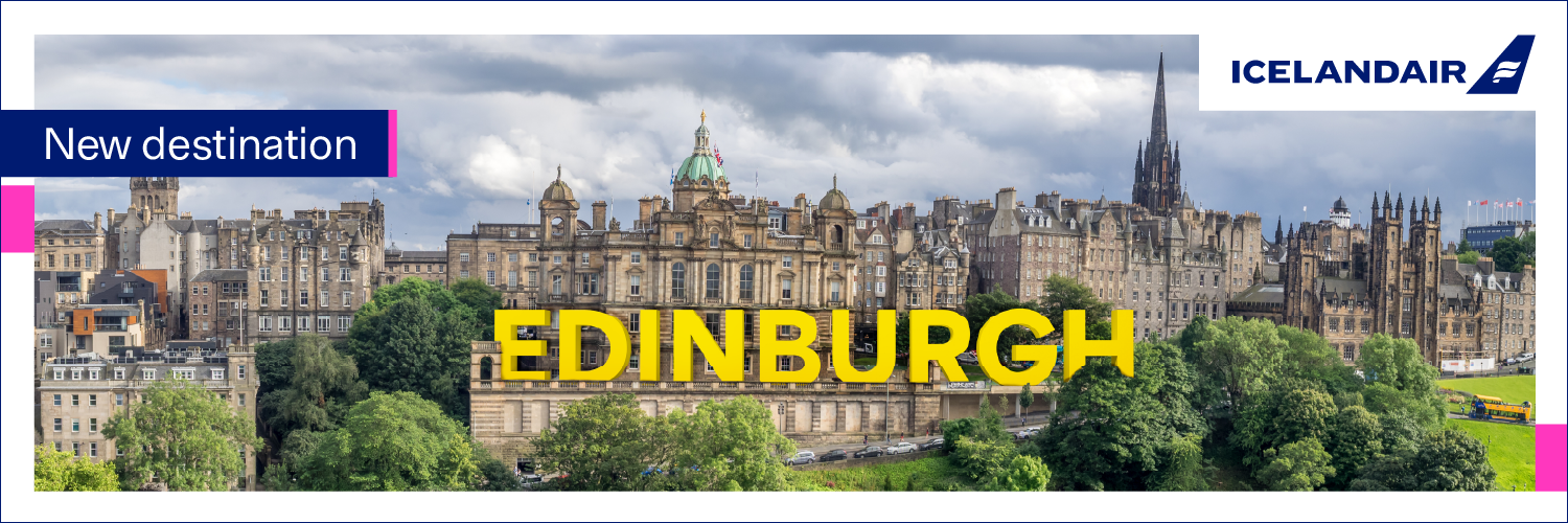 Banner displaying an image of Miami with text that reads 'New destination: Edinburgh'.