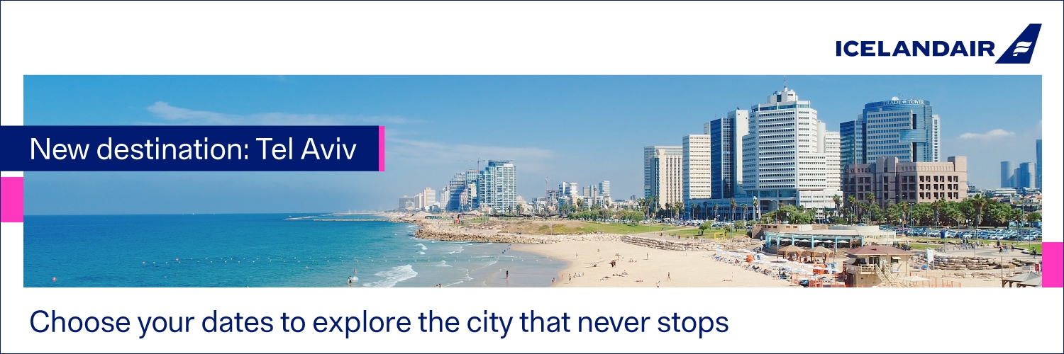 Image with Barcelona scene and text that reads 'New destination: Tel Aviv. Choose your dates to explore the city that never stops'