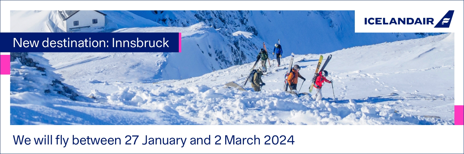 Image with Innsbruck skiing scene and text that reads 'New destination: Innsbruck. We fly between 27 January and 2 March 2024'