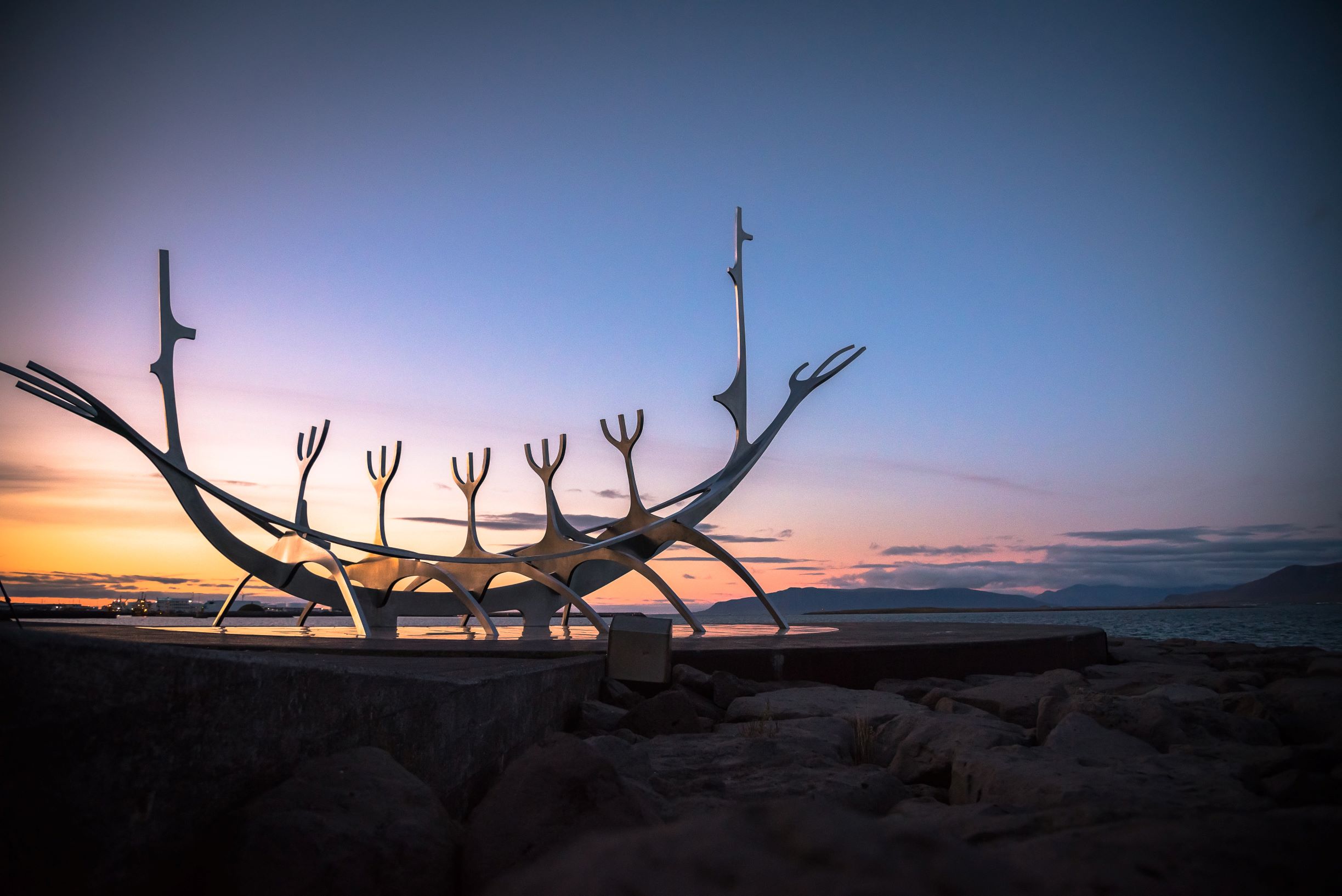 The sun voyager structure in Reykjavik pictured at sunset