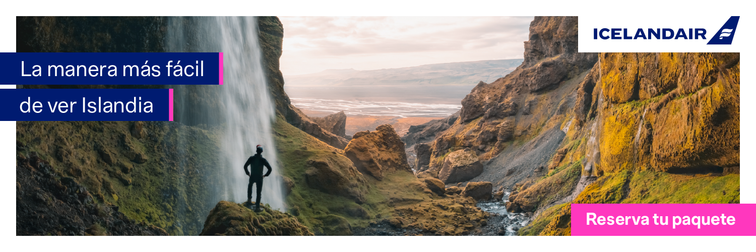 Imagen del banner con texto: La forma más fácil de conocer Islandia. Reserve hoy mismo su paquete vacacional.