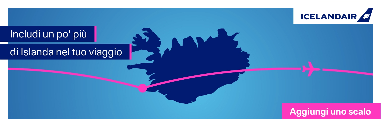 Immagine di uno striscione blu con il testo: “Aggiungi un po' più di Islanda al tuo viaggio”