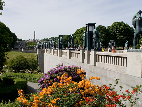 A view of sculptures, flowers and greenery in Vigeland Park, Oslo 