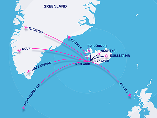 A map of Icelandair’s routes between Iceland and Greenland - showing flights to Ilulissat, Nuuk, Narsarsuaq and Kulusuk 
