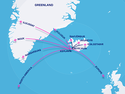 A map of Icelandair’s routes between Iceland and Greenland - showing flights to Ilulissat, Nuuk, Narsarsuaq and Kulusuk
