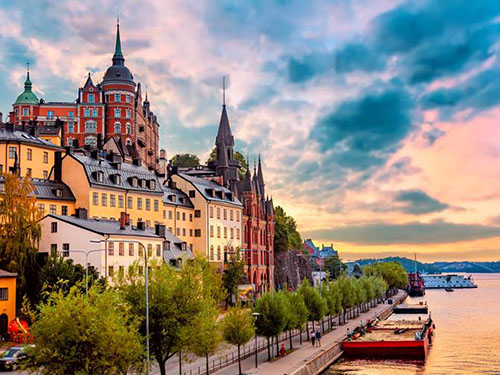 A view of the harbor in Sodermalm, Stockholm on a summer evening.