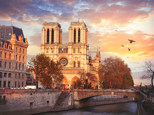 Cathédrale Notre-Dame de Paris pictured in the morning light at sunrise, with birds flying overhead