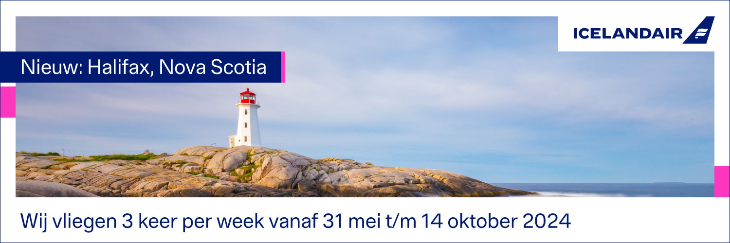Een banner met een afbeelding van Halifax met de tekst dat het een nieuwe bestemming is voor Icelandair en dat wij tussen 31 mei en 14 oktober 2024 drie keer per week naar Halifax vliegen