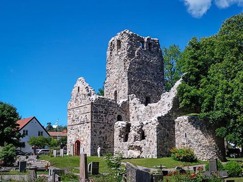 The ruins of the St. Olaf Church with a clear blue sky in the background, in the town of Sigtuna.