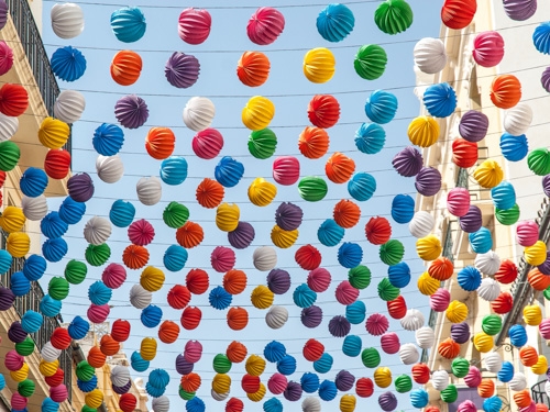 colourful balloons decorate the streets of Malaga