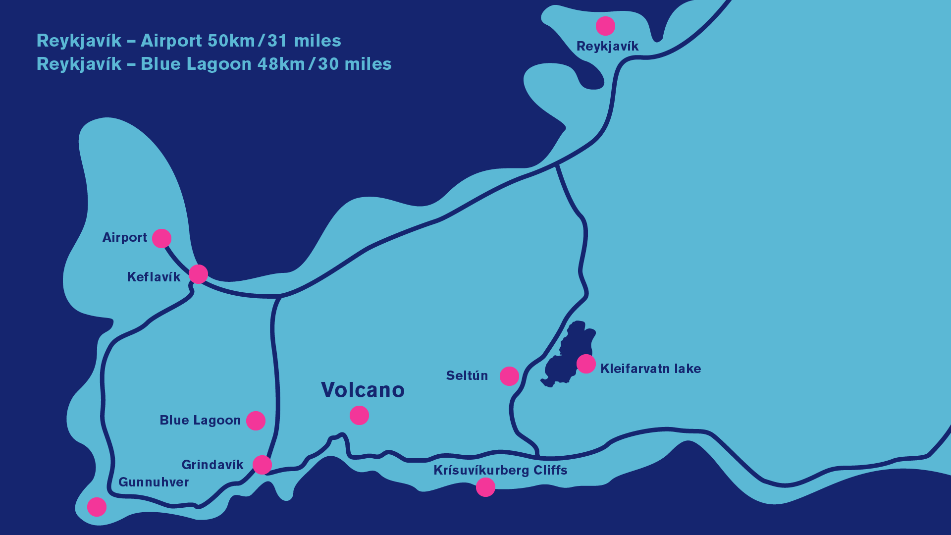 A visual map of the Reykjanes peninsula with volcanic sights marked by pink dots
