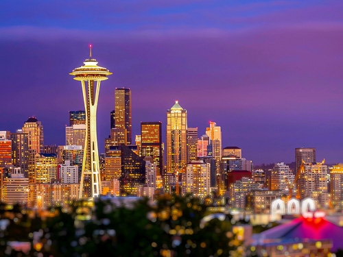 A view of Seattle and the Space Needle as pictured in the evening light 