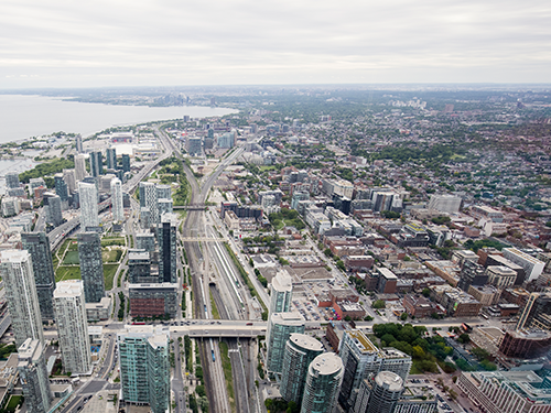 A birds eye view of Toronto city, in Canada, pictured on an overcast day 