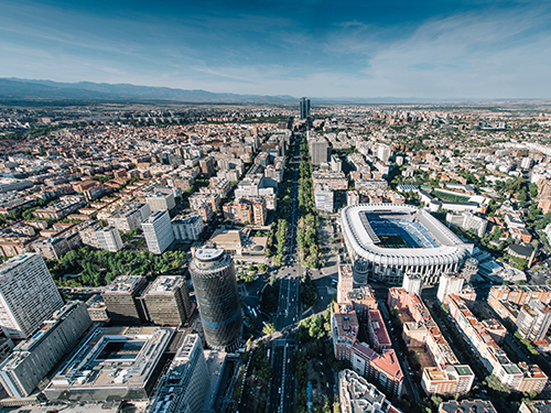 A birds eye view of Madrid city in Spain pictured on a clear sky day