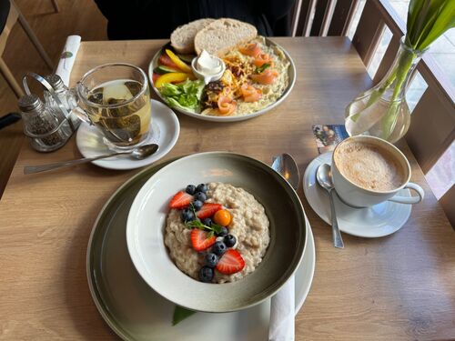 a pleasant breakfast spread at a norwegian cafe