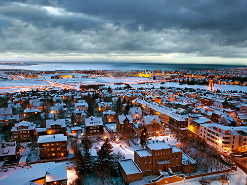 A snowy winters day in Reykjavík pictured with the city covered in a blanket of snow