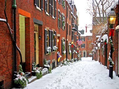 A Boston city street scene pictured in the snowy winter