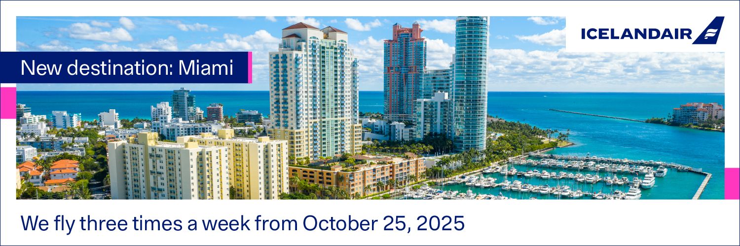 Banner displaying an image of Miami with text that reads 'New destination: Miami. We fly three times a week from October 25, 2025'.