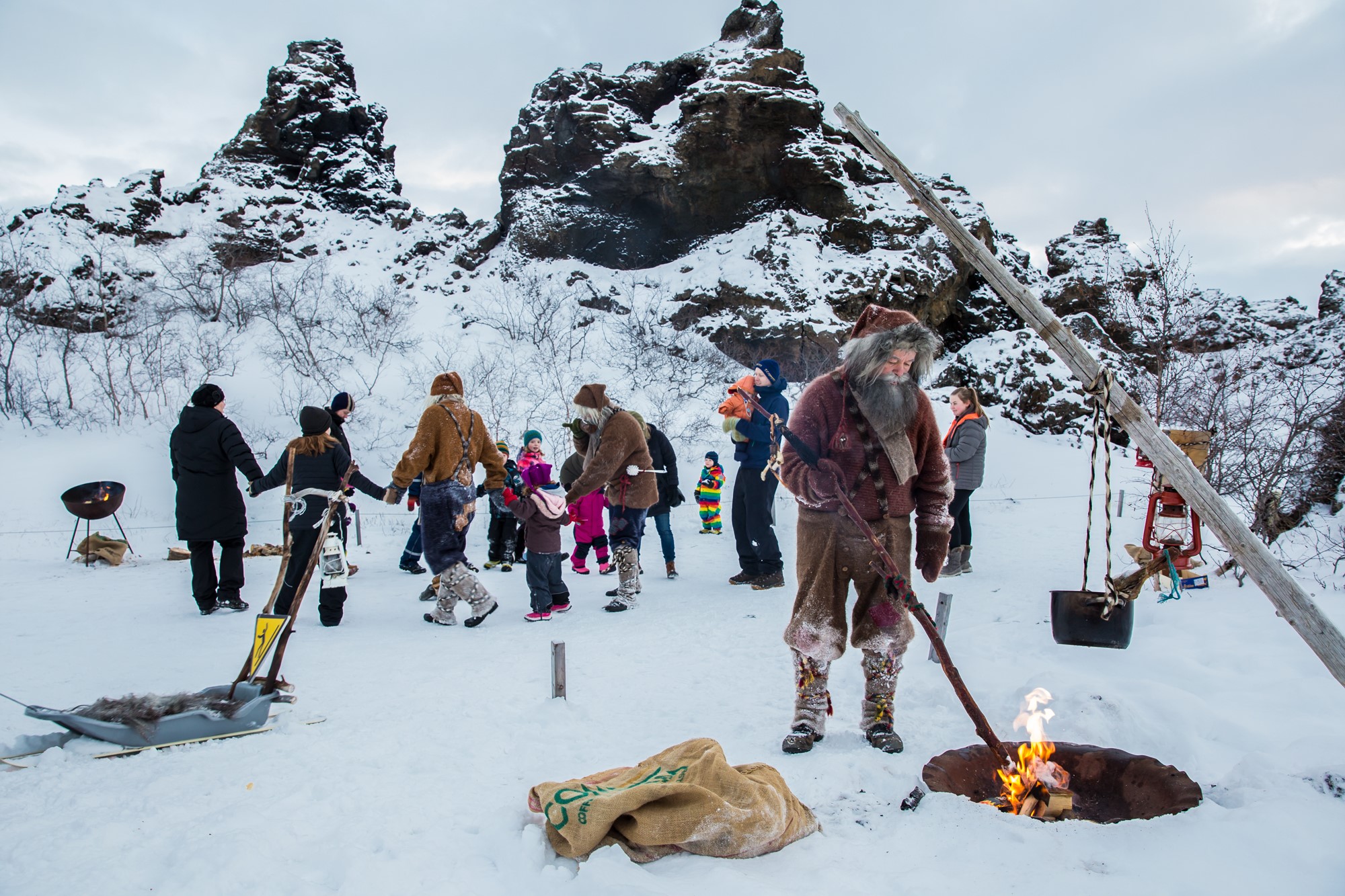 Jolasveinarnir, the Yule Lads, pictured having festive fun at Dimmuborgir in the North of Iceland