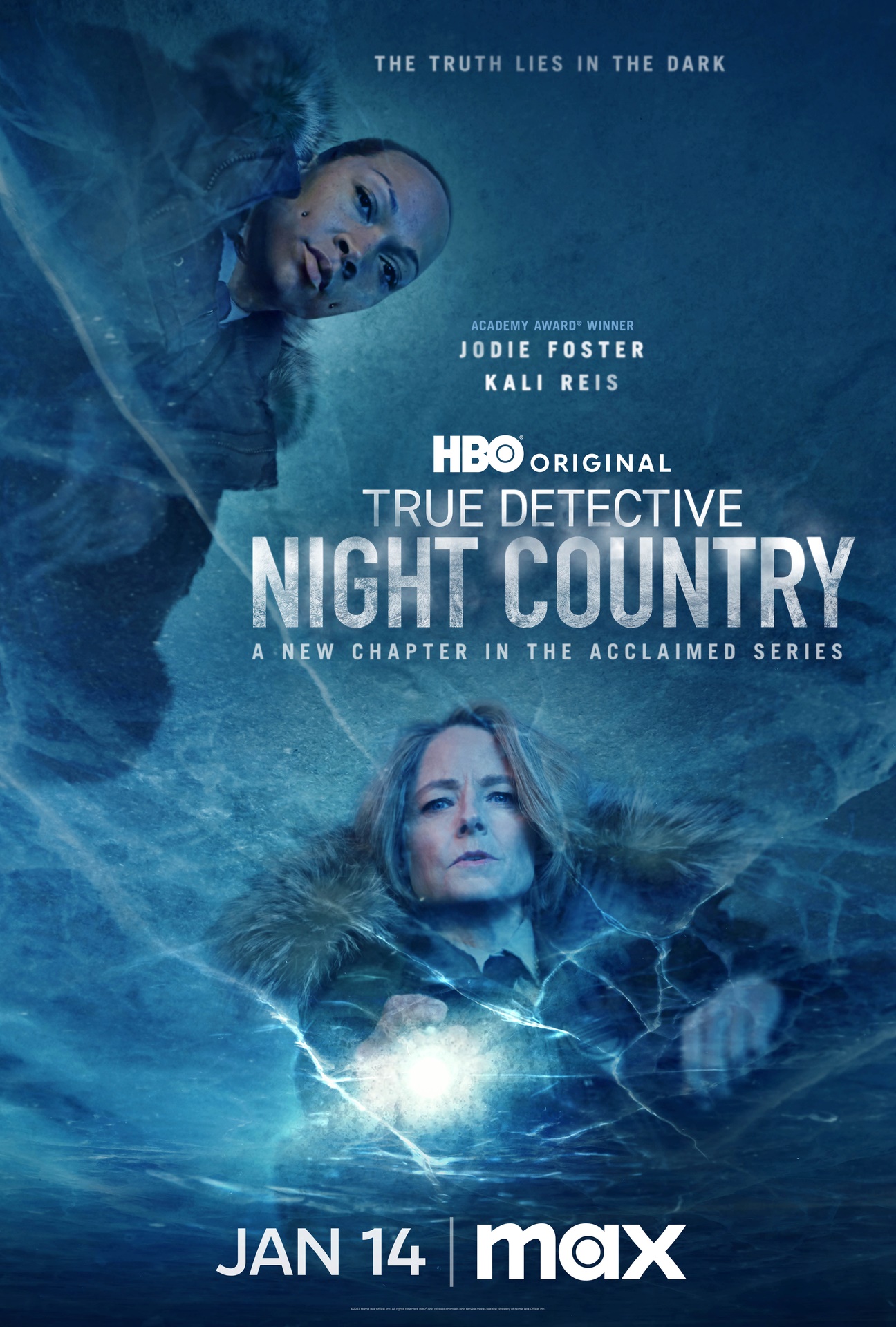 Promotional poster for True Detective: Night Country: icy blue background and actors Jodie Foster and Kali Reis pictured