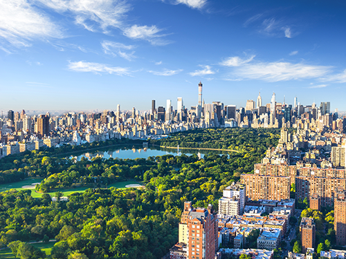 An overhead view of New York City on a bright summers day