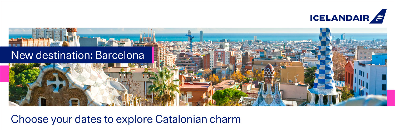Image with Barcelona scene and text that reads 'New destination: Barcelona. Choose your dates to explore Catalonian charm'