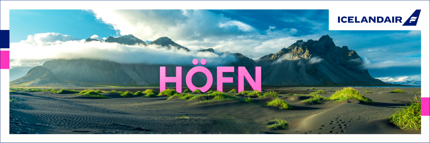 Banner displaying an image of Vestrahorn mountain with text: Höfn