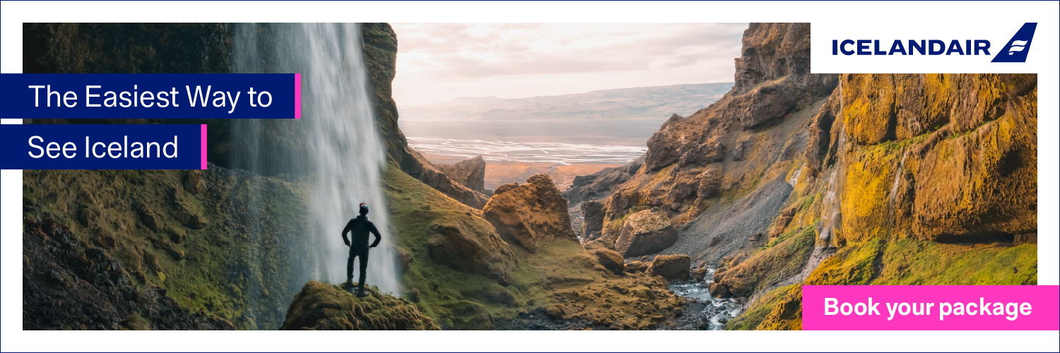 a banner image with a man by a waterfall with text: The Easiest way to see Iceland: Book your package
