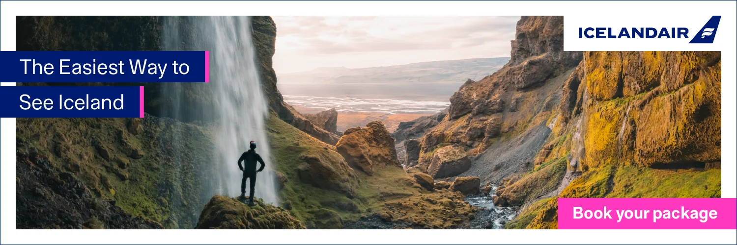 banner image of a man standing next to a waterfall with text: The easiest way to see Iceland: Book your package