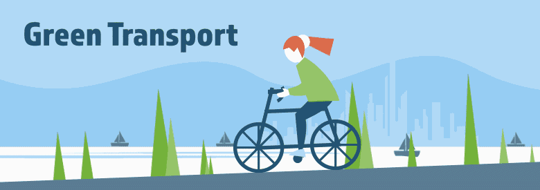 A gif graphic with a woman cycling downhill on a bike. Text overlay reads 'Green Transport'