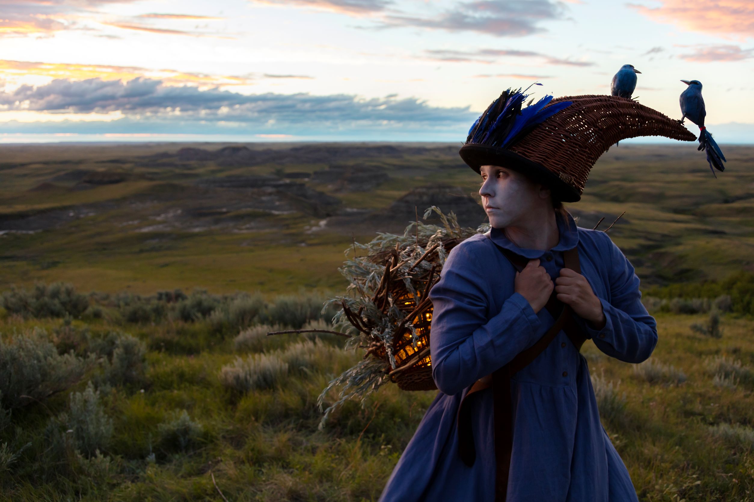 Person wearing a blue dress, a wicker headpiece where two blue birds are perched and a backpack made of sticks and filled with light stands on a grassy hill against a cloudy sky.
