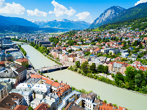 An overhead shot of Innsbruck in Austria, pictured on a bright sunny day.