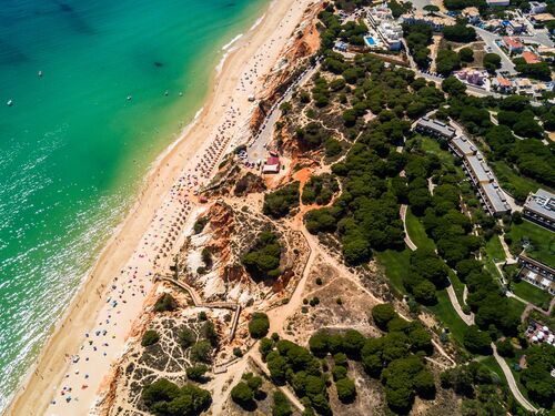 an aerial view of beaches near Faro, Portugal
