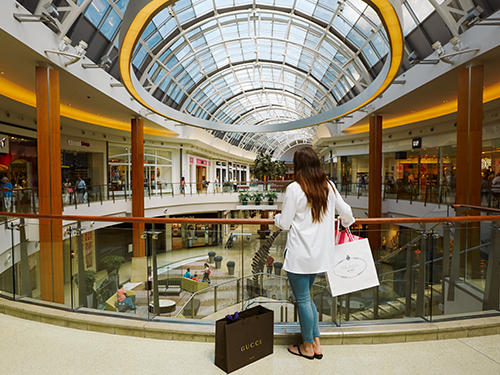 A woman with a Gucci bag at her feet is pictured looking out over a mall in Orlando 