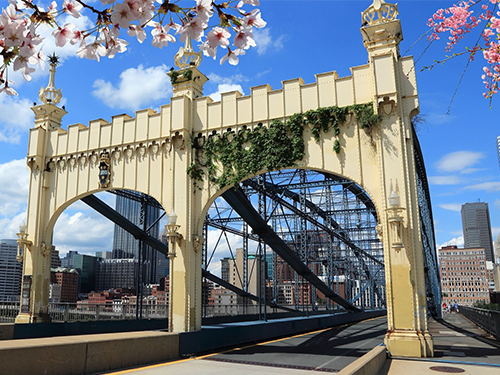 The Smithfield Street Bridge in Pittsburgh pictured with cherry blossom hanging overhead in the shot 