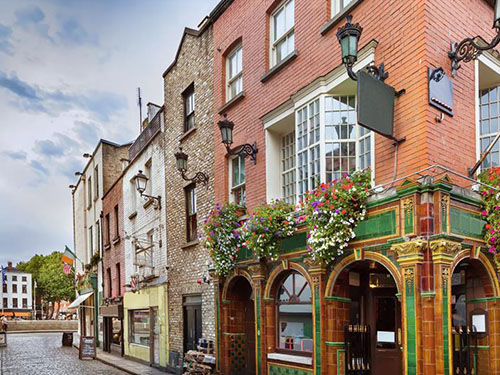 Beautiful old brick houses on Temple Bar Street in Dublin, Ireland