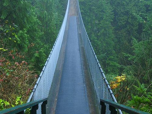 A view of the Capilano Suspension Bridge, as viewed from one end looking out over the bridge and surrounding greenery 