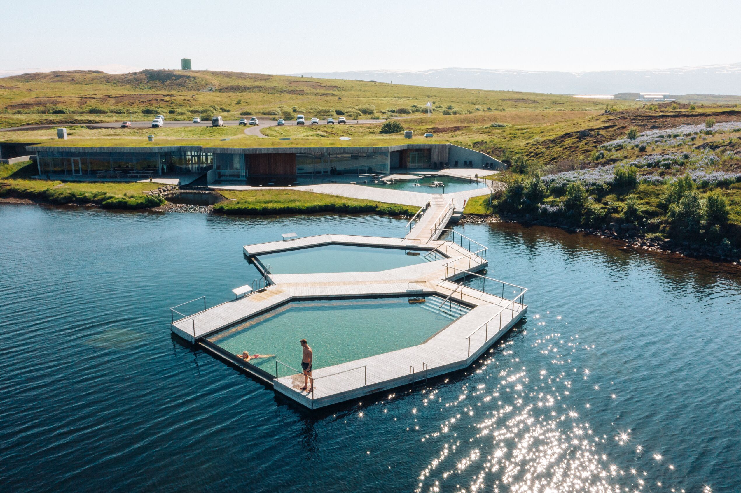 Vök Baths in East Iceland, pictured from a slightly overhead drone