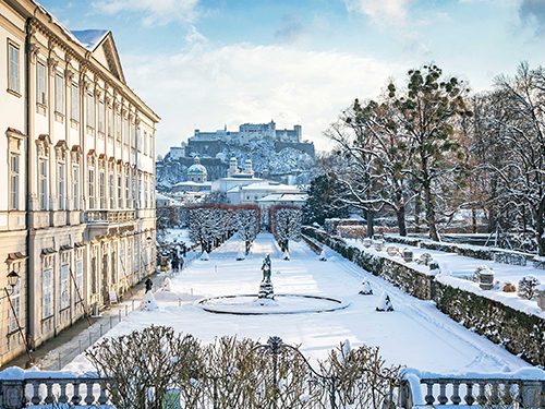 Mirabell Palace in Salzburg, Austria, pictured here covered in a blanket of snow 