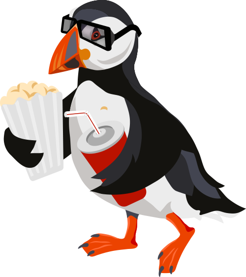 A Riff International Film Festival poster with a puffin that is wearing glasses and holding popcorn and a drink, ready to watch a film