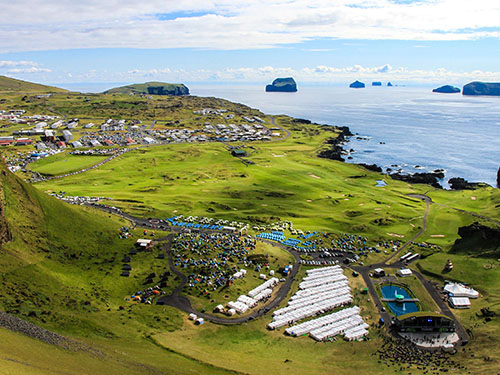 A view into the valley of Herjólfsdalur where the annual three-day festival Þjóðhátíð takes place