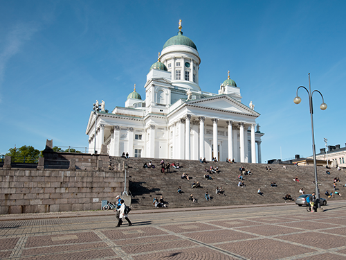 Helsinki Cathedral pictured on a bright blue sky day 