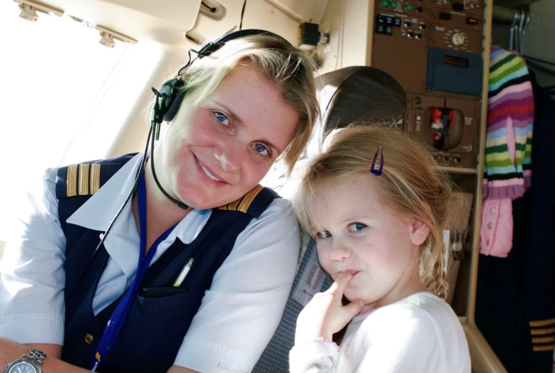 A 2003 photo from a cockpit shows Linda on the left and her daughter, Birna Katrín (aged four), on the right